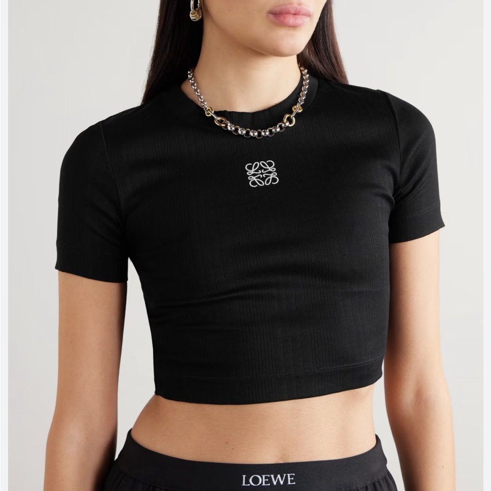 NWT LOEWE Anagram cropped embroidered ribbed cotton T-shirt